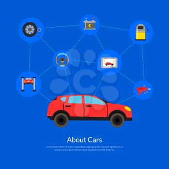 Vector concept illustration with flat style car service elements gathered around automobile