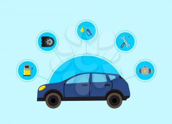 Vector concept illustration with flat style car service elements gathered around automobile. Car part and repair service
