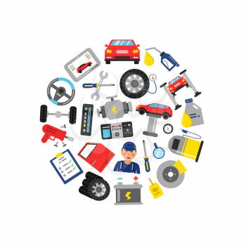 Vector flat style car service elements gathered in circle illustration