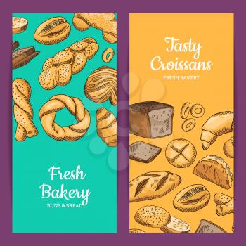 Vector banner or shop flyer templates with hand drawn colored bakery elements and place for text illustration