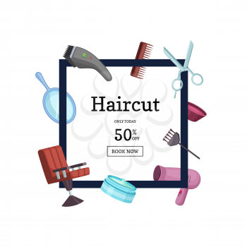 Vector frame with hairdresser or barber cartoon elements around it with place for text in center illustration