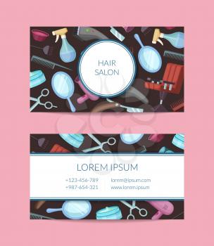 Vector business card template with hairdresser or barber cartoon elements for hair or beauty salon or classes illustration