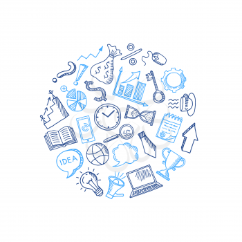 Vector business doodle icons in circle shape illustration isolated on white