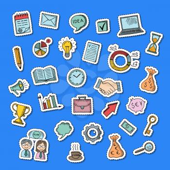 Vector business doodle icons stickers set illustration. Collection of sticker idea and money, handshake and portfolio
