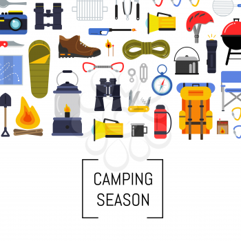 Vector flat style camping elements background illustration with place for text
