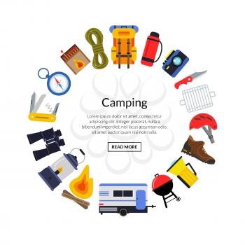 Vector flat style camping elements in circle form with place for text in center round illustration