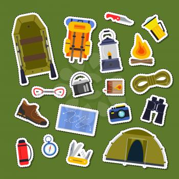 Vector set of flat style camping elements stickers collection cartoon illustration