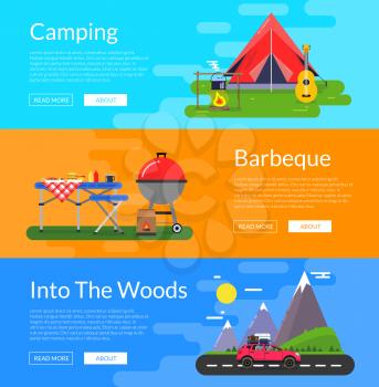 Vector flat style camping elements horizontal web banners of set illustration