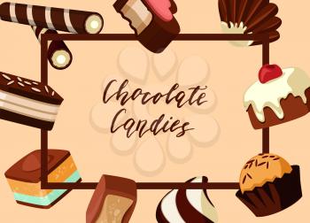 Vector frame with cartoon chocolate candies around it with place for text in center illustration