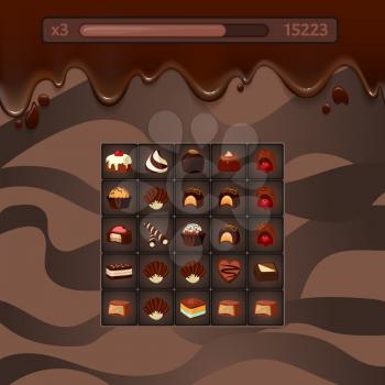 Vector concept illustration of three in a row casual game mockup with chocolate candies, streaks, life and score points