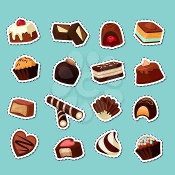 Vector cartoon chocolate candies stickers set isolated on background illustration
