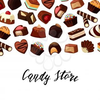 Vector background banner or poster with place for text and cartoon chocolate candies illustration
