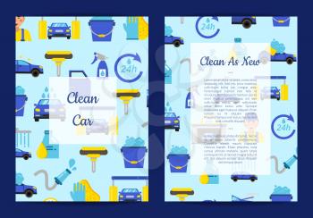 Vector card or flyer templates set for with car wash flat icons and place for text illustration