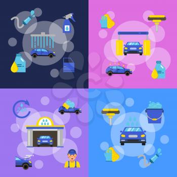 Vector banners poster set of concept illustrations with car wash flat icons