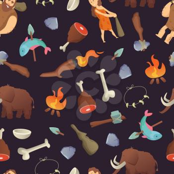 Vector cartoon cavemen background or pattern illustration. Hunting and primitive character
