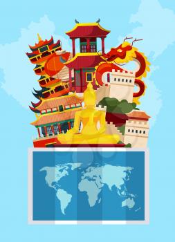Vector concept illustration with flat style china sights above world map. Asia architecture building and culture, dragon and pagoda