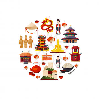 Vector flat style china elements and sights gathered in circle illustration. China culture and landmark sight collection