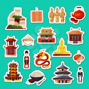 Vector set of flat style china elements and sights stickers architecture illustration
