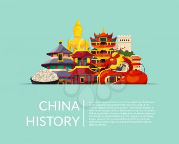 Vector pile of flat style china elements and sights hidden in horizontal paper pocket with shadow and place for text illustration. Chinese building and culture, history architecture