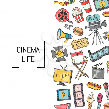 Vector cinema doodle icons background with place for text illustration