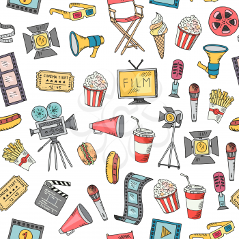 Vector cinema doodle icons background or pattern illustration. Entertainment background movie, cinematography video and clapperboard