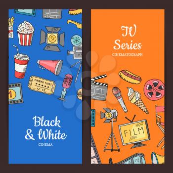Vector cinema doodle icons illustration. Set of colored banners or poster