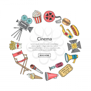 Vector cinema doodle icons in circle form with place for text in center illustration