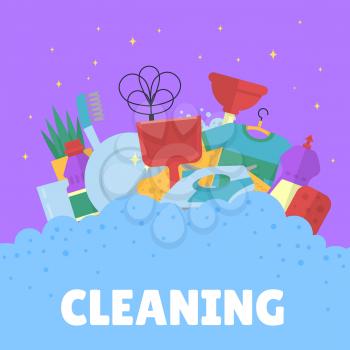 Vector cleaning flat icons with bubbles background with place for text illustration
