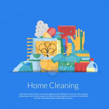 Vector cleaning flat icons in paper pocket background with place for text illustration. Equipment for cleaner, bucket and brush, broom and spray bottle
