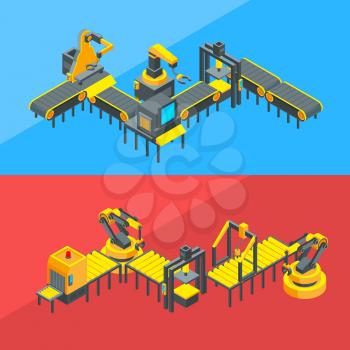 Vector set banners with color isometric conveyor elements concept illustration