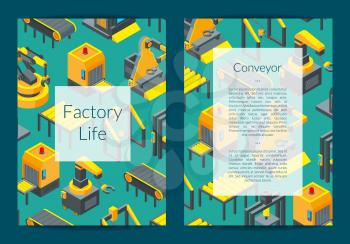 Vector isometric conveyor elements card, flyer or brochure template illustration
