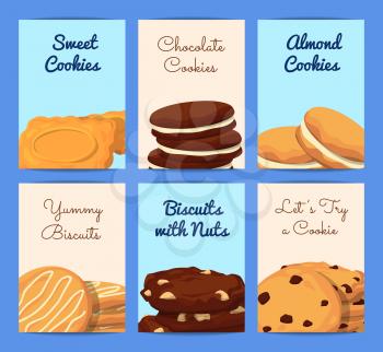 Vector card or flyer templates set with place for text and with cartoon cookies illustration