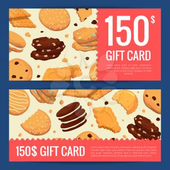 Vector discount or gift card voucher of set templates with cartoon cookies illustration
