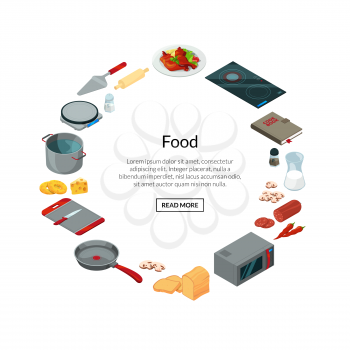Vector cooking food isometric objects in circle form with place for text in center illustration