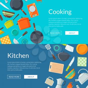 Vector kitchen colored utensils flat icons horizontal web banners and poster illustration