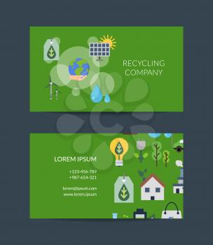 Vector business card template for recycling or reduce waste green company with ecology flat icons illustration
