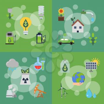 Vector banners or poster set of concept illustrations with ecology flat icons