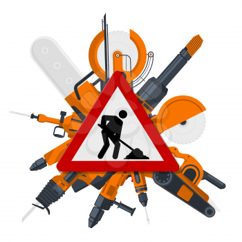 Vector red constructions sign with electric tools behind. Work icon and equipment electric illustration
