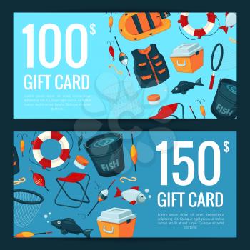 Vector discount or gift card voucher templates with cartoon fishing equipment illustration
