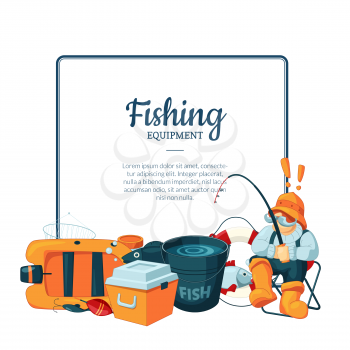Vector frame with place for text and with cartoon fishing equipment below illustration