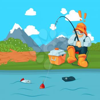 Vector fisherman with fishing road catching a fish on mountain landscape bacgkround concept illustration. Man fisher catch in river or lake, hobby sport summer