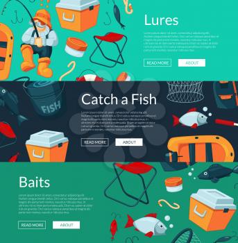 Vector horizontal web banners illustration with cartoon fishing equipment