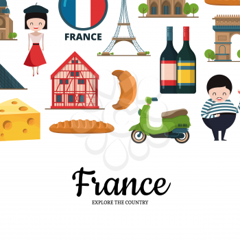 Vector cartoon France sights and objects background with place for text illustration
