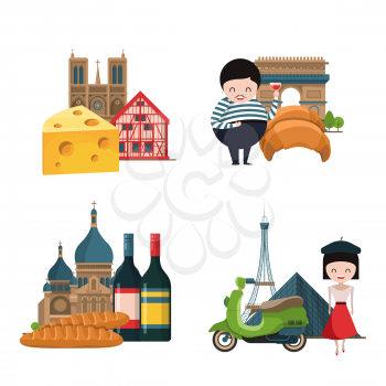 Vector cartoon France sights and objects piles set illustration. France tourism, tower eiffel and famous architecture