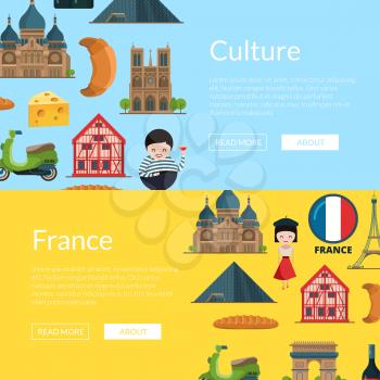 Vector cartoon France sights and objects horizontal web banners illustration