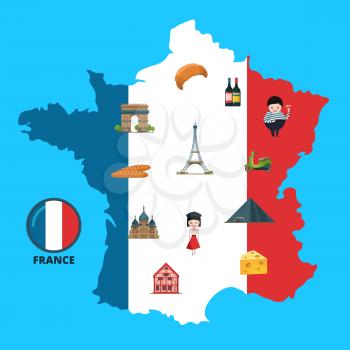 Vector cartoon France sights and objects on France contour map concept illustration