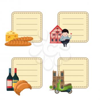 Vector cartoon France sights and objects stickers set with place for text illustration