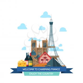 Vector cartoon France sights and objects under ribbon concept illustration