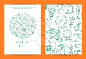 Vector set of card with gardening green doodle icons illustration