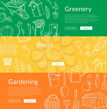 Vector gardening doodle icons horizontal web colored banners collection illustration
